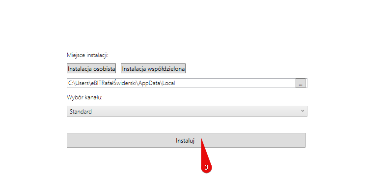 Przycisk instalacji programu po wyborze trybu instalacji.