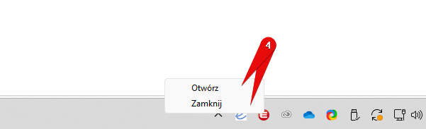 Menu ikony EAS na pasku zadań z opcjami wyświetlenia i zamknięcia programu.