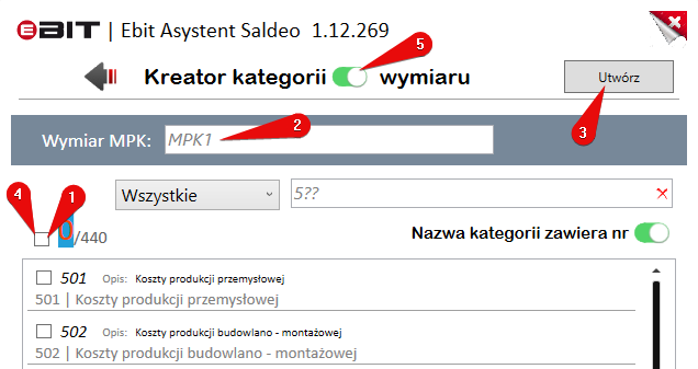 Tworzenie wymiaru z MPK w kreatorze kategorii.