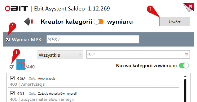 Wybór kont grupy czwartej i opcji księgowania równoległego.