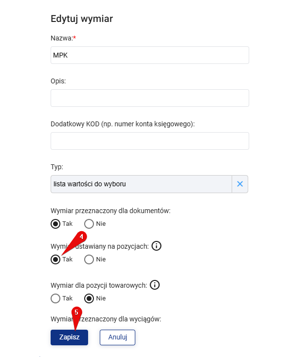 Widok ustawień wymiaru MPK używanego podczas dekretacji. Krok 2.