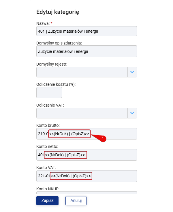 Widok parametrów sterujących opisem dekretu. Krok 1.
