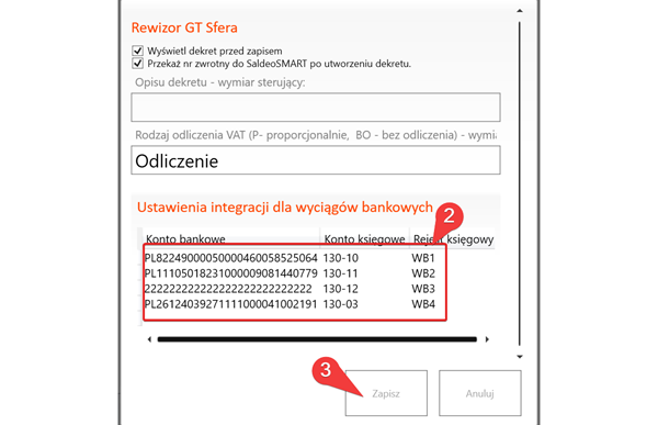 Widok obsługi wyciągów bankowych w procesie importu. Krok 2.