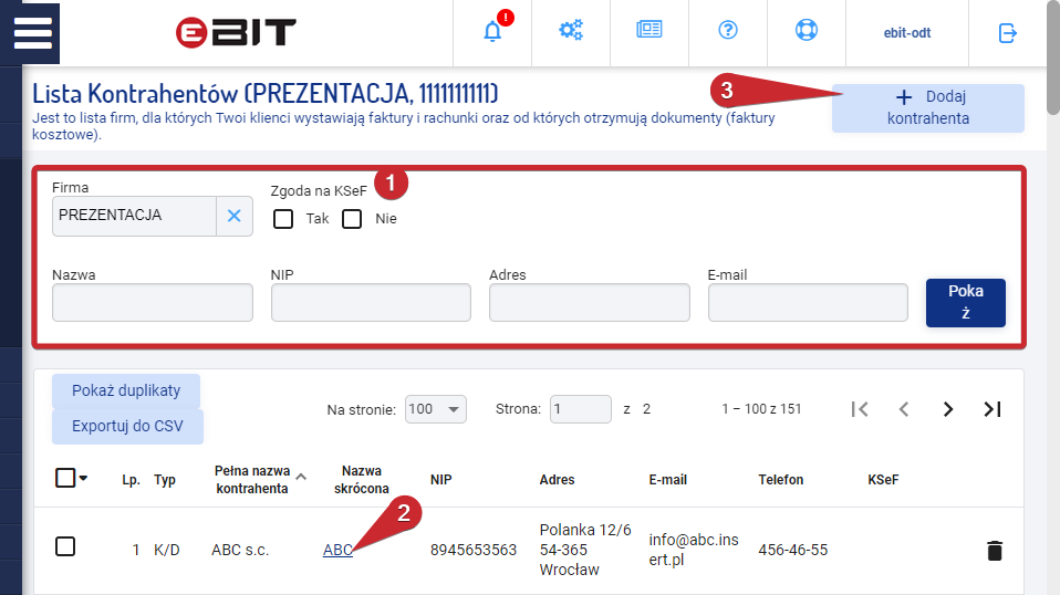 Lista kontrahentów SaldeoSMART z filtrowaniem, wyborem i przyciskiem Dodaj kontrahenta.