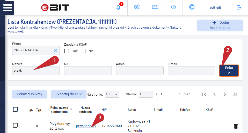 Wybór utworzonego kontrahenta z listy SaldeoSMART.