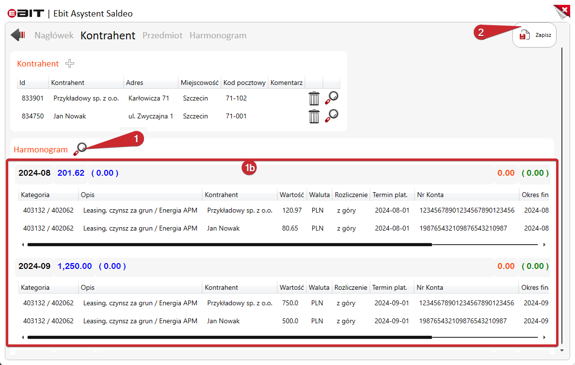 Podgląd harmonogramu oraz przycisk zapisu umowy.