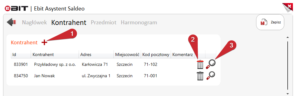Sekcja kontrahentów umowy z kontrolkami dodawania, usuwania i podglądu.
