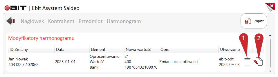 Lista modyfikatorów harmonogramu z kontrolkami edycji i usuwania.