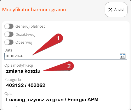 Formularz modyfikatora harmonogramu z polami daty i opisu.