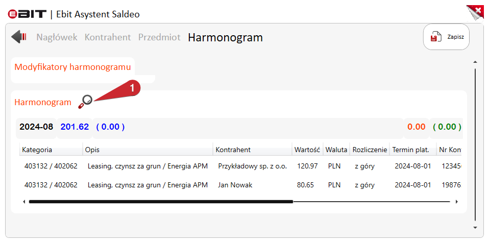Harmonogram umowy z kontrolką pełnego widoku okresów.