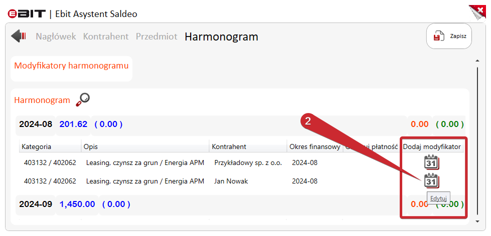 Kontrolka kalendarza otwierająca modyfikator pozycji harmonogramu.