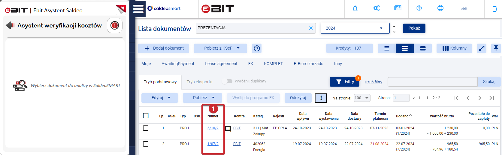 Widok EAS i SaldeoSMART obok siebie z szybkim linkiem do numeru dokumentu.