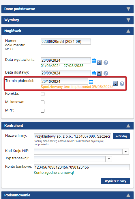 Komunikat o terminie płatności późniejszym niż termin oszacowany.