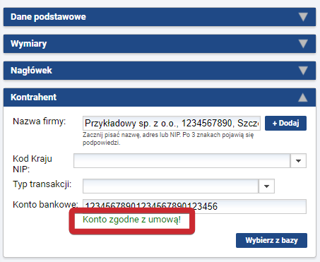 Potwierdzenie zgodności numeru konta bankowego dokumentu z umową.