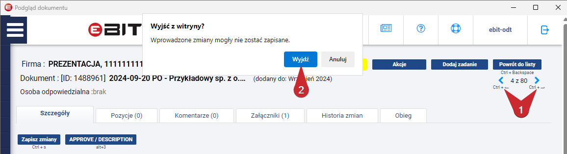 Kontrolka wyjścia z przeglądania umowy bez zapisu.