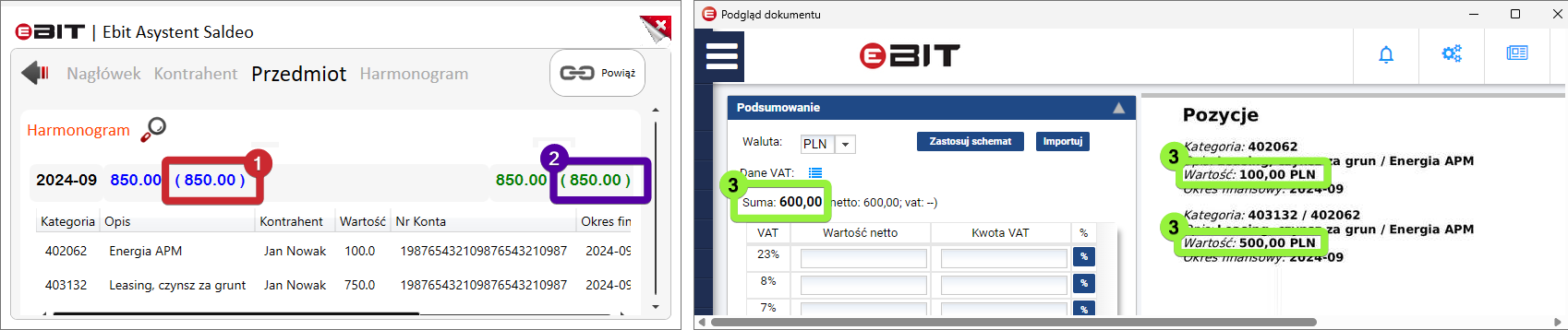 Porównanie wartości oczekiwanej, rzeczywistej i wartości dokumentu.