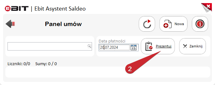 Wybór daty płatności i przycisk Prezentuj tworzący listę umów.
