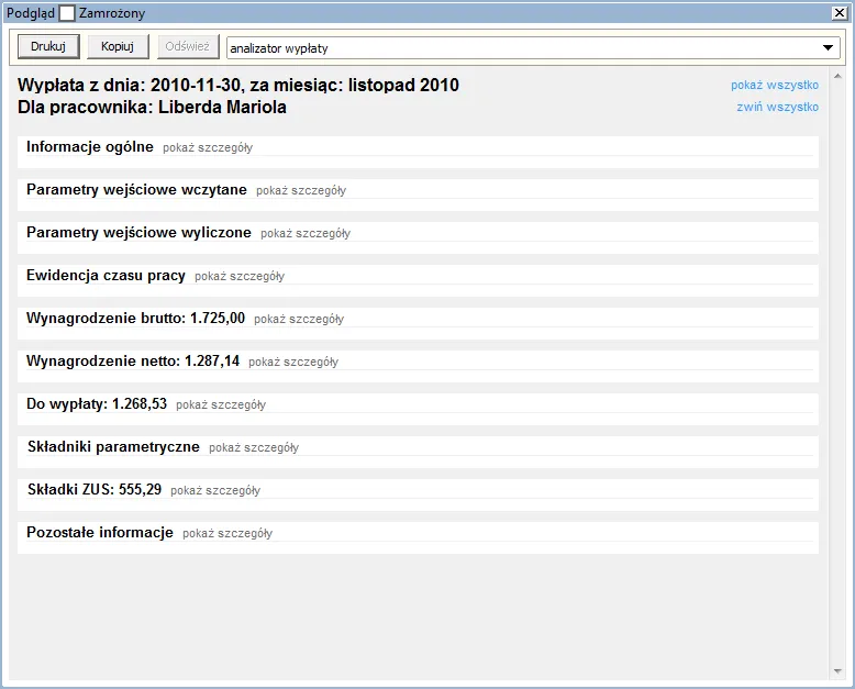 Ekran Gratyfikanta GT z analizatorem wypłaty.