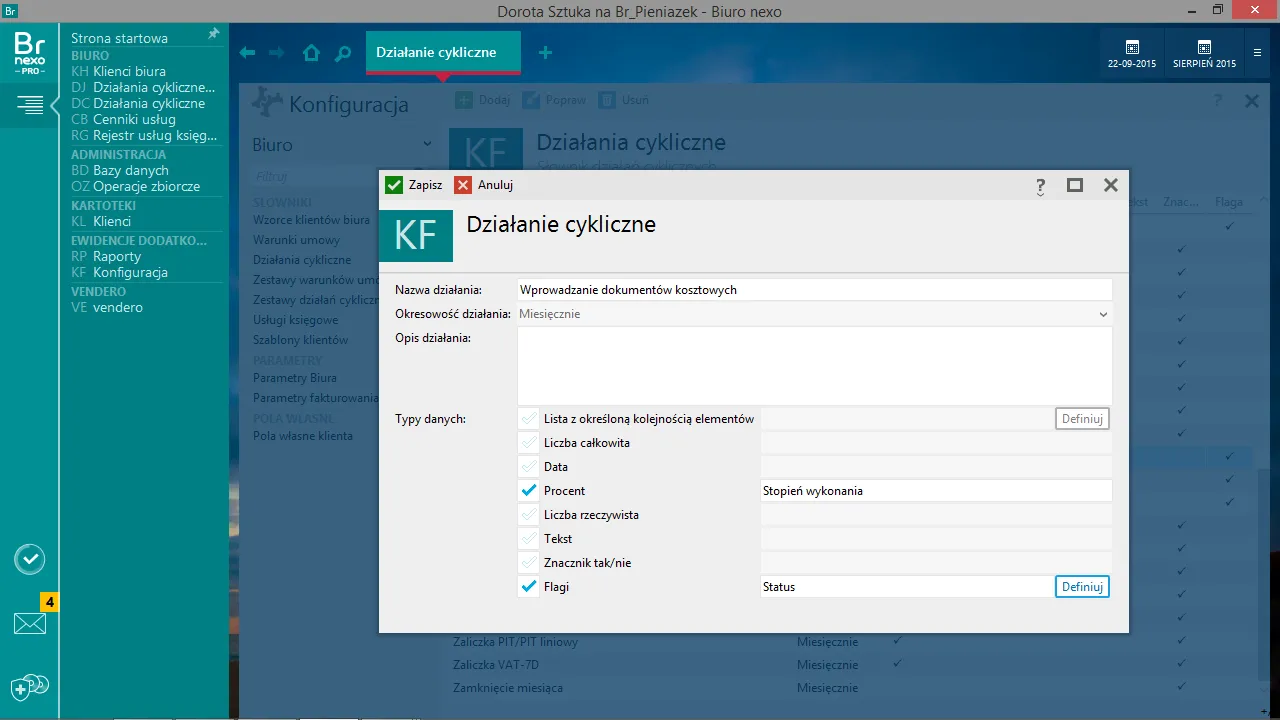 Ekran BIURO nexo z konfiguracją działania cyklicznego.