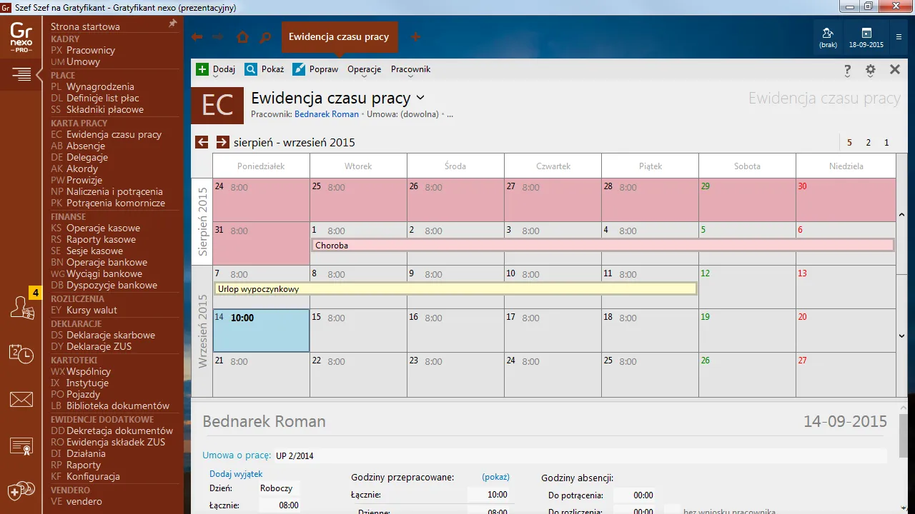 Ekran Gratyfikanta nexo z ewidencją czasu pracy.
