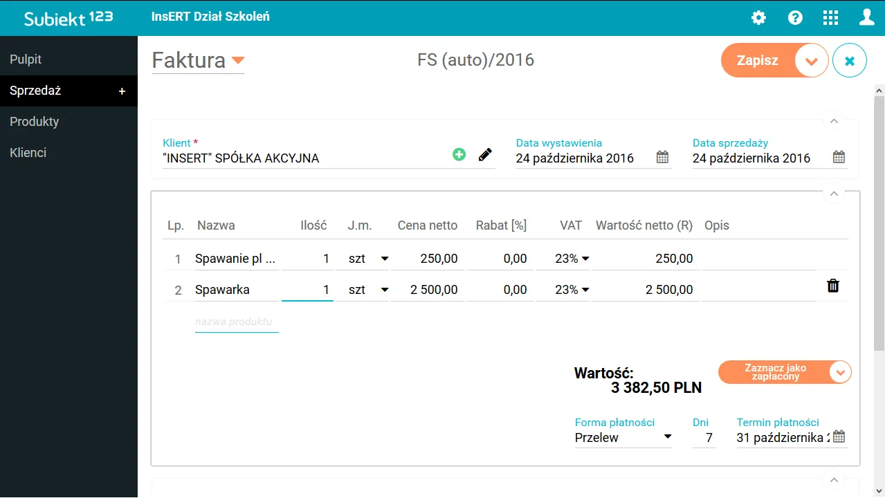 Ekran Subiekta 123 z fakturą sprzedaży.