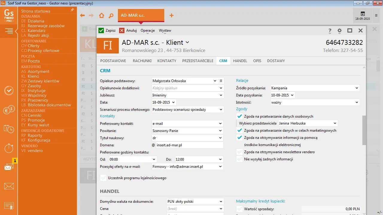 Ekran Gestora nexo z formularzem klienta CRM.