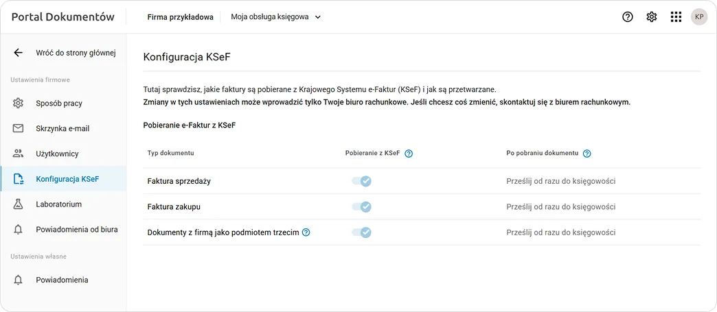 Ekran konfiguracji pobierania e-Faktur w Portalu Dokumentów.