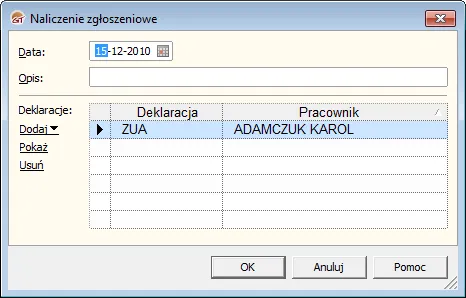 Ekran Gratyfikanta GT z naliczeniem zgłoszeniowym ZUS.