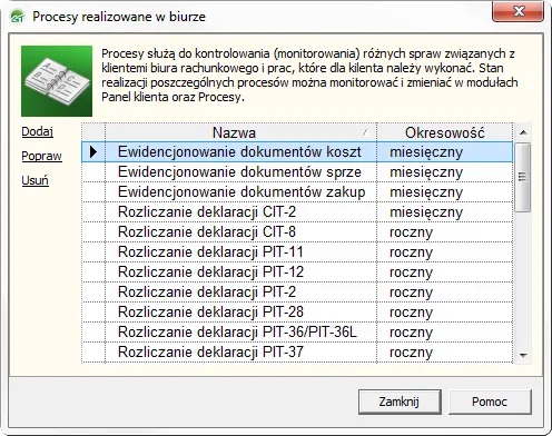 Ekran Biuro GT z listą procesów realizowanych w biurze.