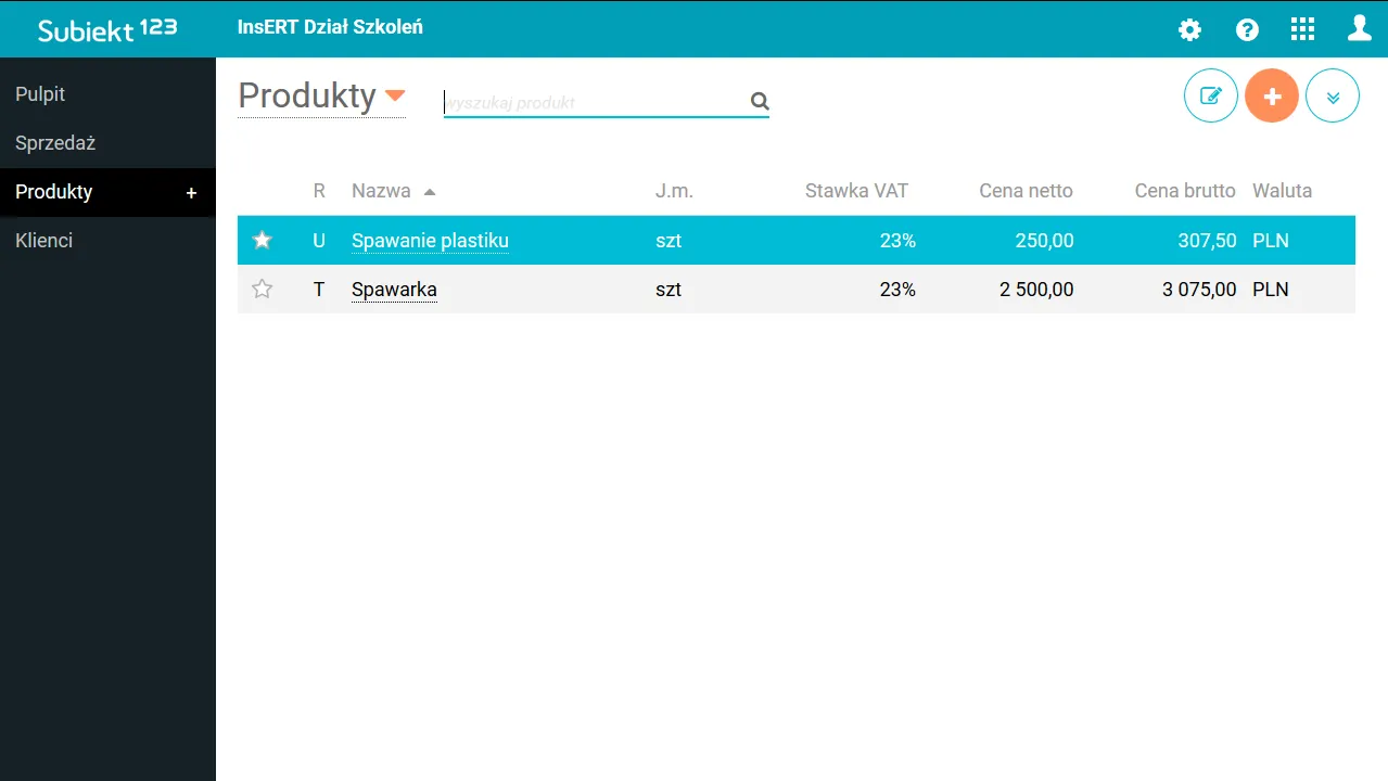 Ekran Subiekta 123 z listą produktów.