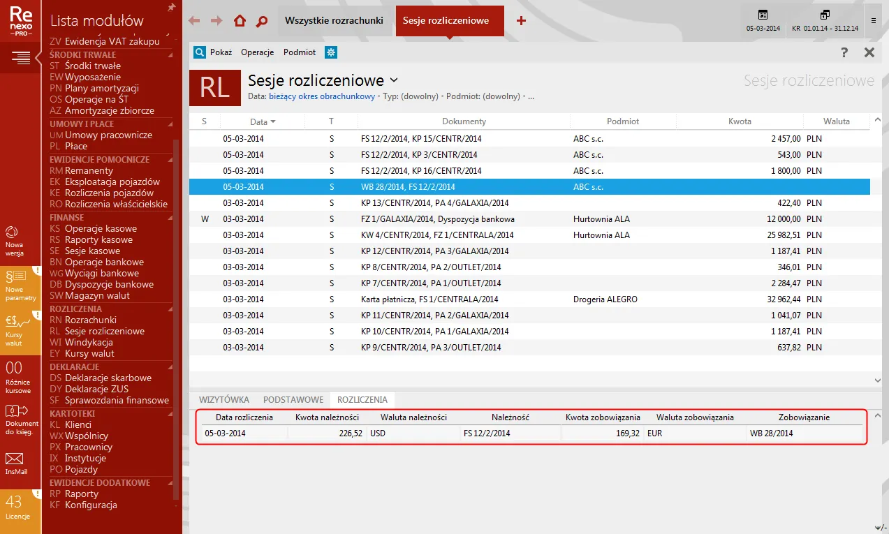 Ekran Rewizora nexo PRO z rozliczeniami wielowalutowymi.