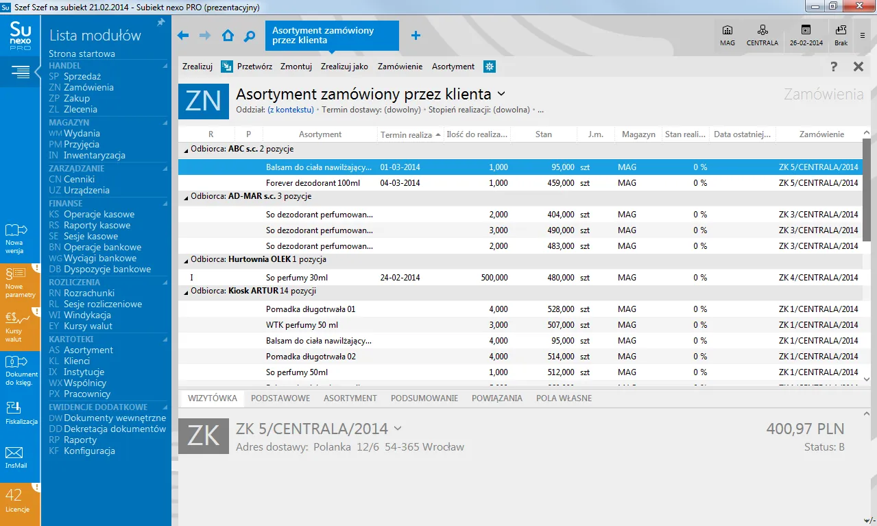 Ekran Subiekta nexo PRO z asortymentem zamówionym przez klienta.