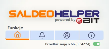 Włączona funkcja Przedłuż sesję o 6 godzin w panelu eBIT SaldeoHELPER z widocznym licznikiem.