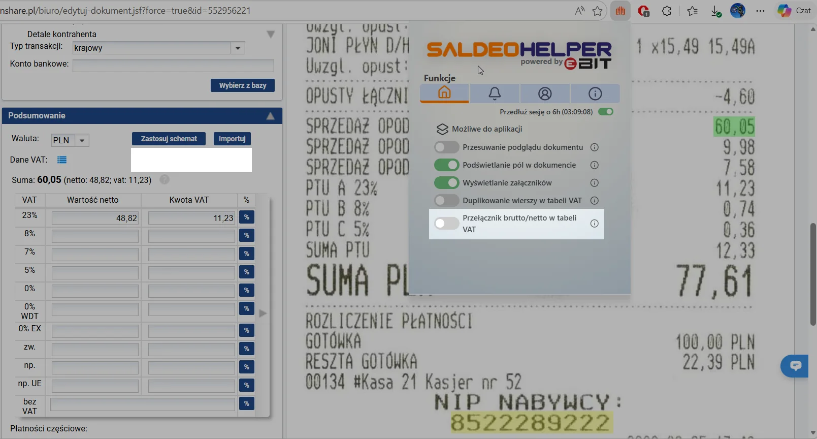 Tabela VAT w standardowym trybie wprowadzania wartości netto oraz wyłączona funkcja w panelu eBIT SaldeoHELPER.
