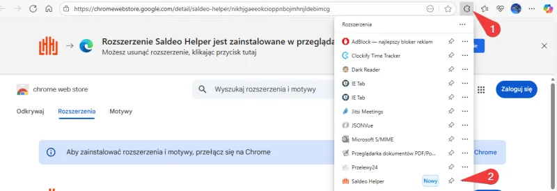 Lista rozszerzeń przeglądarki z eBIT SaldeoHELPER gotowym do przypięcia na pasku.