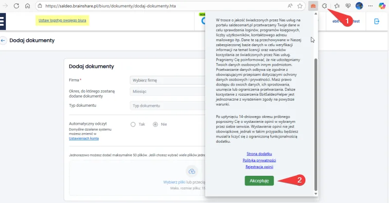 Pierwsze uruchomienie eBIT SaldeoHELPER z informacją o prywatności i przyciskiem akceptacji.